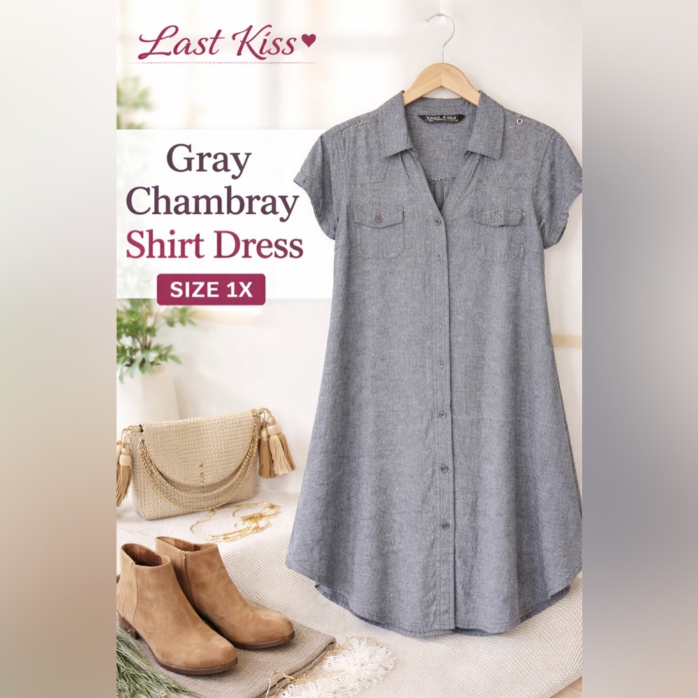  Last Kiss Gray Chambray Button Front Shirt Dress Size 1X *Flaw (thread pull)